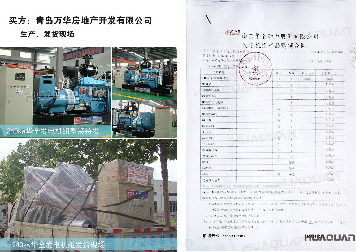 青島萬華房地產開發有限公司在華全動力采購240kw柴油發電機組一臺